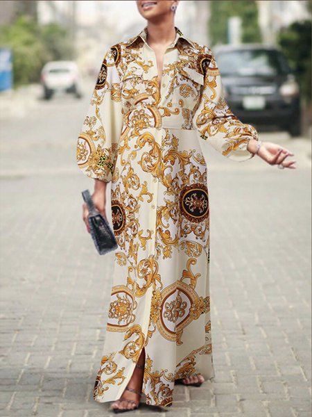 

Shirt Collar Long sleeve Elegant Regular Fit Dress, White, Maxi Dresses