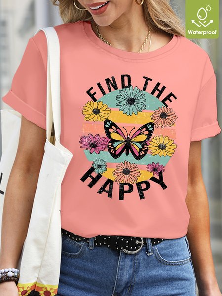 

Crew Neck Casual Butterfly Waterproof Oilproof And Stainproof Fabric T-Shirt, Pink, T-shirts