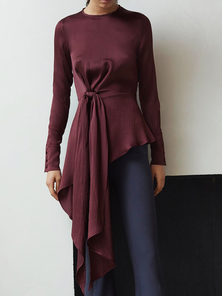 

Satin T-Line Regular Fit Crew Neck Long sleeve Urban asymmetrical Tops, Datered, Tops