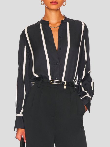 

Daily Striped V Neck Long Sleeve Blouse, Black, Blouses and Shirts