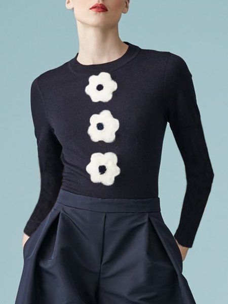 

Crew Neck Simple Floral Long Sleeve T-Shirt, Black-white, Tees