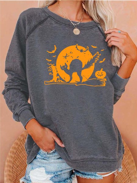 

Women Halloween Cats Brooms Loose Cotton Casual Sweatshirts, Gray, Hoodies&Sweatshirts