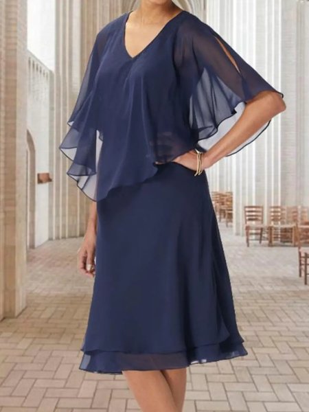 

Party Elegant Batwing Sleeve Plain Dresses, Dark blue, Midi Dresses