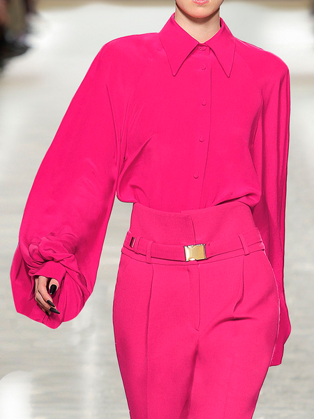 

Autumn Commuting Long sleeve Loose Urban Plain Blouse, Rose red, Blouses and Shirts