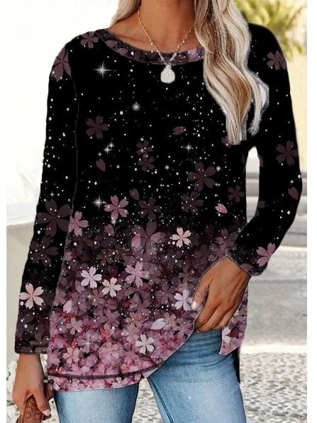 

Floral Crew Neck Casual Cotton-Blend Tops, Black, Shirts & Blouses