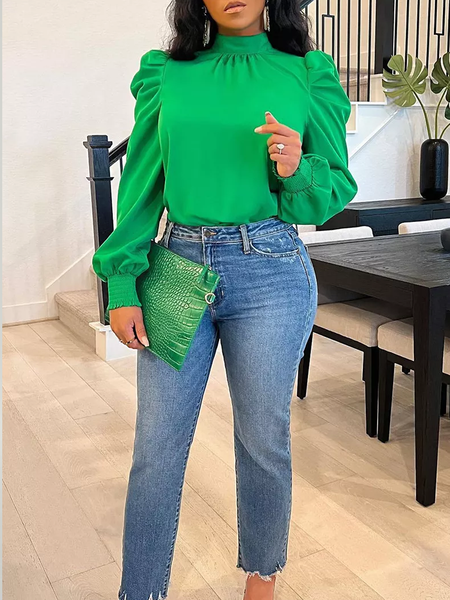 

Green Regular Fit Stand Collar Long sleeve Urban H-Line Tops, Blouses and Shirts