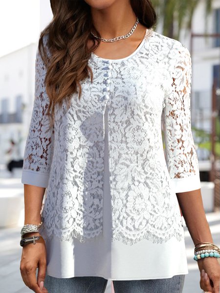 

Simple Chiffon Crew Neck Tops, White, Tunics