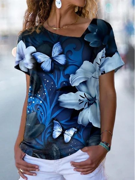 

JFN V Neck Butterfly Casual T-Shirt, Blue, T-Shirts