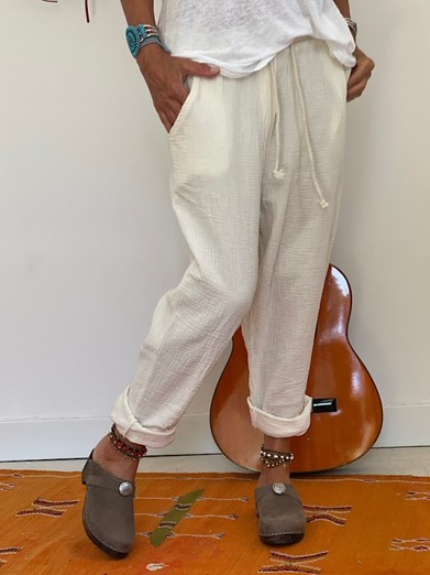 Plain Cotton-Blend Regular Fit Casual Long Pants, White, Pants