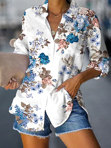 

Casual Floral Shirt Collar Loose Blouse, White, Shirts & Blouses