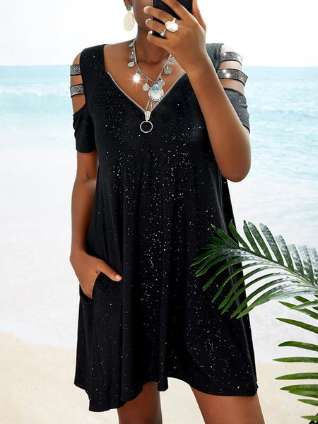 

Gold and silver sequins loose hollow zipper Holiday Dress Plus Size, Black, Dresses