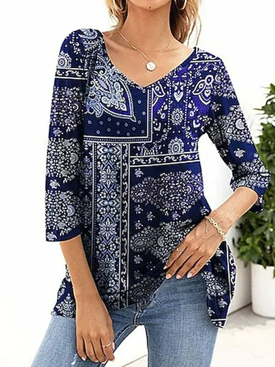 

Floral Cotton-Blend Casual Tops, Blue, Shirts & Blouses