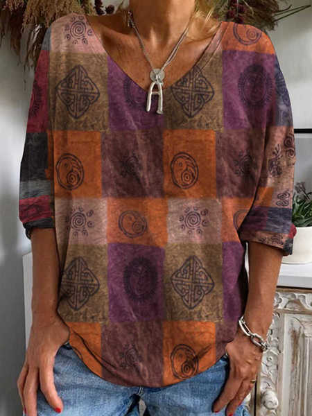 

Geometric Cotton-Blend Casual Tops, Multicolor, Shirts & Blouses