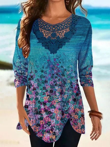 

Cotton-Blend Casual Crew Neck Tops, Blue, Shirts & Blouses