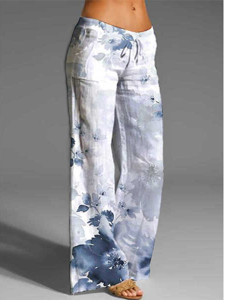 

Loose Floral Casual Pants, White, Pants