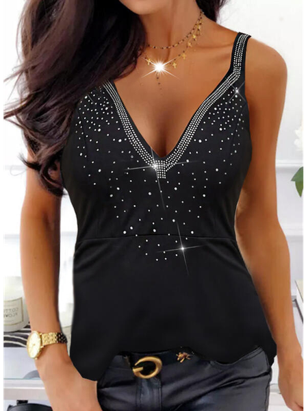 

Casual V Neck Loose Tanks & Camis, Black, Tanks & Camis