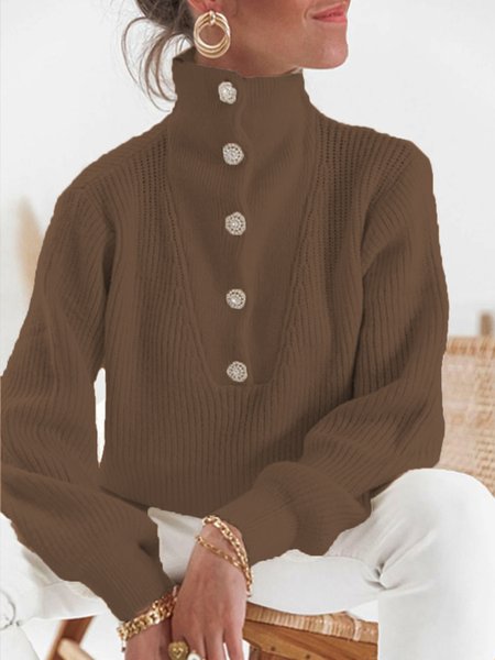 

Daily Causal Plain Buttoned Sweater, Khaki, Pullovers