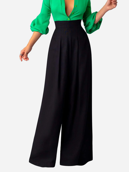 

High Waist H-Line Commuting Plain Loose Wide leg Fashion Pants, Black, Pants