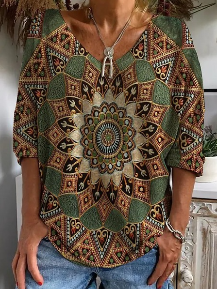 

Ethnic Loose V Neck Tops, Multicolor, Shirts & Blouses