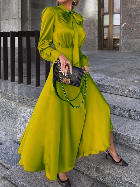 

Satin Regular Fit X-Line Long sleeve Elegant Dresses, Green, Maxi Dresses