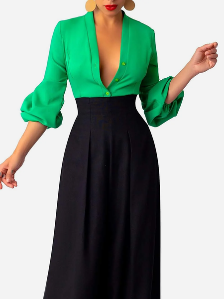 

Green Regular Fit H-Line Three Quarter V Neck Daily Blouse, Blouses and Shirts