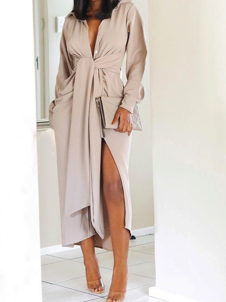 

Regular Long sleeve H-Line Fit Shirt Collar Plain Elegant Dress, Nudepink, Midi Dresses