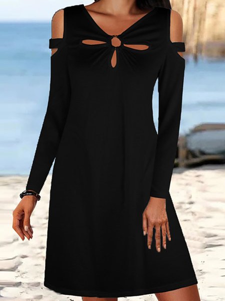 

Casual Plain Cutout Long Sleeve Knit Dress, Black, Dresses