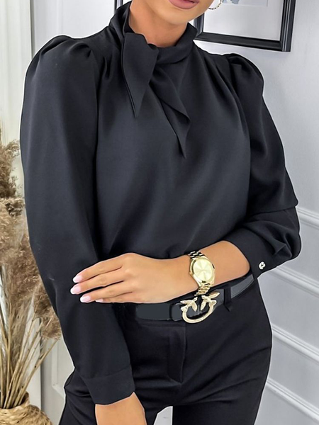 

Loose H-Line Stand Collar No Elasticity Long sleeve Daily Tops, Black, Tops