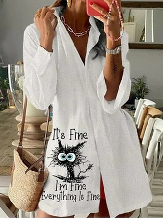 

Shirt Collar Loose Casual Dresses, White, Mini Dresses