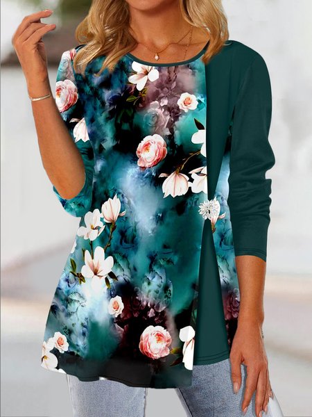 

Loose Crew Neck Floral Tops, Green, Shirts & Blouses