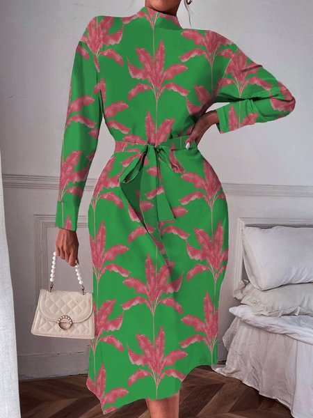 

Midi Long sleeve Floral Stand Collar Regular Fit Dress, Green, Midi Dresses