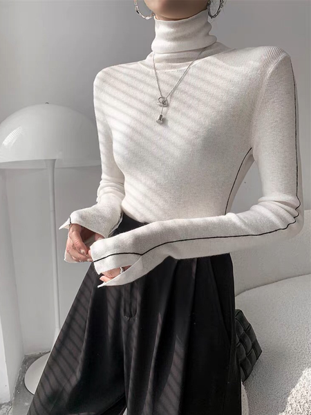 

Tight Plain Urban Turtleneck Long sleeve Long sleeve Sweater, White, Sweaters