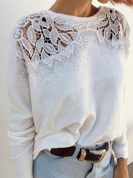 

Plain Casual Crew Neck Lace Sweater, White, Sweaters