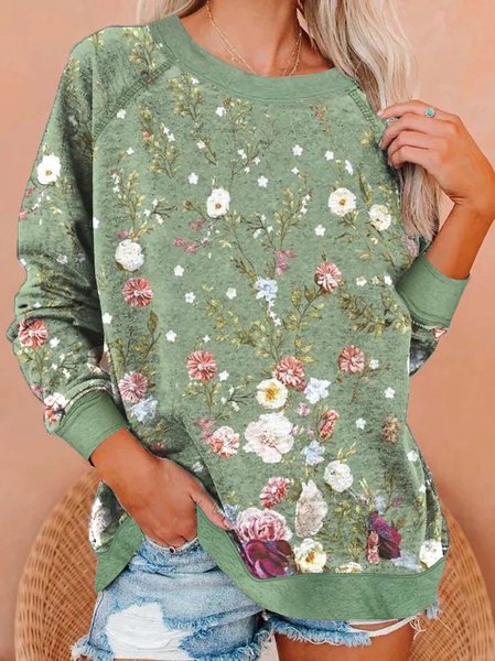 

Cotton-Blend Casual Floral Sweatshirt, Green, Sweatshirts & Hoodies