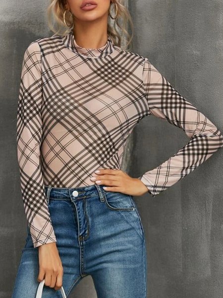 

Daily Plaid Stand Collar Basic Long Sleeve T-Shirt, Khaki, Tees