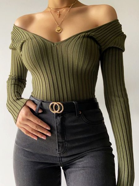 

Daily Plain V Neck Urban Cold Shoulder Sweater, Green, Sweaters
