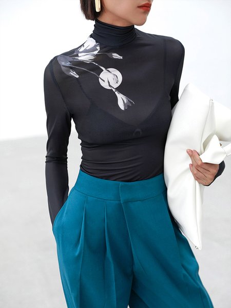 

Daily Turtleneck Floral Printed Basic Top, Black, Tops