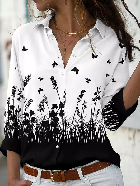 

Casual Cotton-Blend Loose Blouse, Black-white, Shirts & Blouses