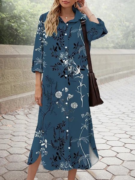 

Casual Loose Shirt Collar Dresses, Blue, Midi Dresses