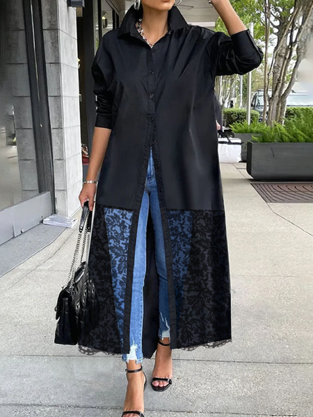 

Black Loose Shirt Collar Long sleeve Shirt Collar Long Blouse, Blouses and Shirts
