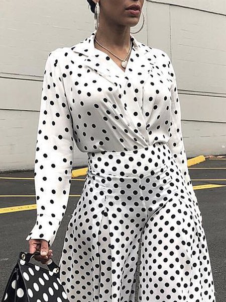 

Simple Regular Fit Lapel Collar Polka Dots Blouse, Black-white, Blouses and Shirts