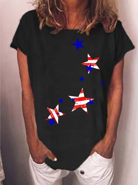 

Women Flag Star Crew Neck Cotton-Blend Casual T-Shirt, Black, T-shirts