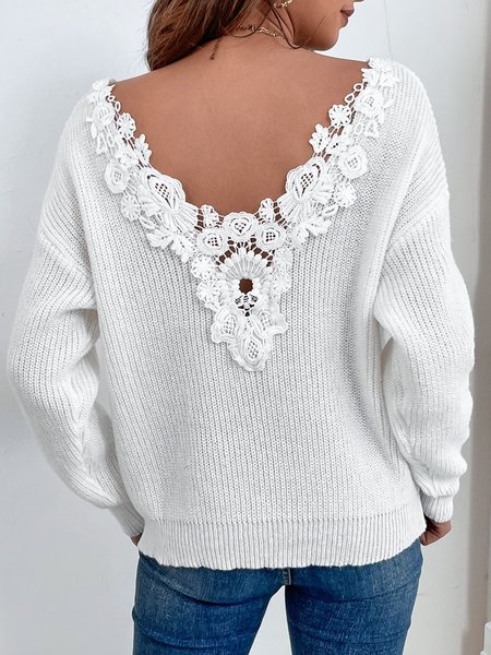 

Casual V Neck Loose Lace Sweater, White, Sweaters & Cardigans