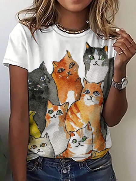 

Womens Cute Lovely Cute Cat Casual Crew Neck T-Shirt, As picture, T-shirts