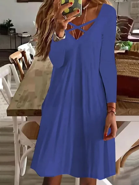 

V Neck Loose Casual Dress, Blue, Dresses