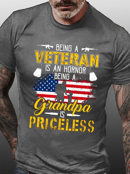 

Men Veterans Hornor Grandpa Crew Neck Text Letters T-Shirt, Gray, T-shirts