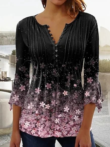 

JFN V Neck Floral Flare Sleeve Top, Black, Shirts & Blouses
