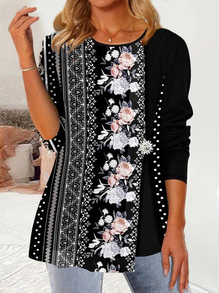 

Casual Ethnic Regular Fit Floral Crew Neck Top, Black, Shirts & Blouses
