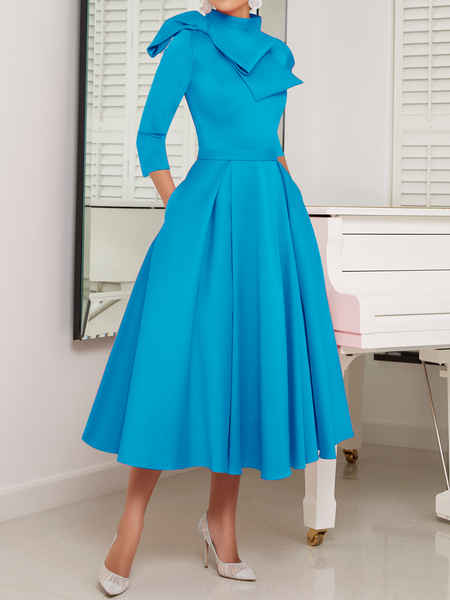 

Stand Three Quarter waist X-Line Collar Elegant Plain Dresses, Blue, Maxi Dresses