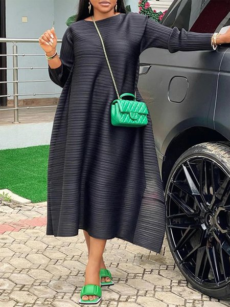 

Plain Simple Long Sleeve Plain Midi Dress, Black, Midi Dresses